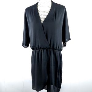 Basic Black Dress V Neck Elastic Waist Knee Midi L